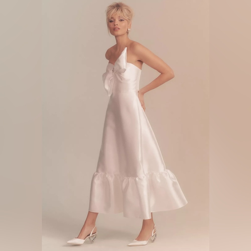 ANTHROPOLOGIE Hutch Strapless Crystal Bow White Satin Wedding Midi Dress Size 4